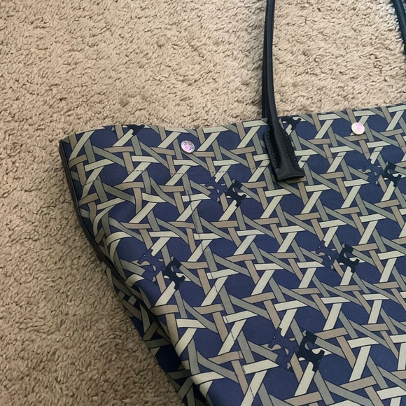 Tory Burch Basketweave Canvas/ Leather Handles Tote Bag Navy - Picture 3 of 8